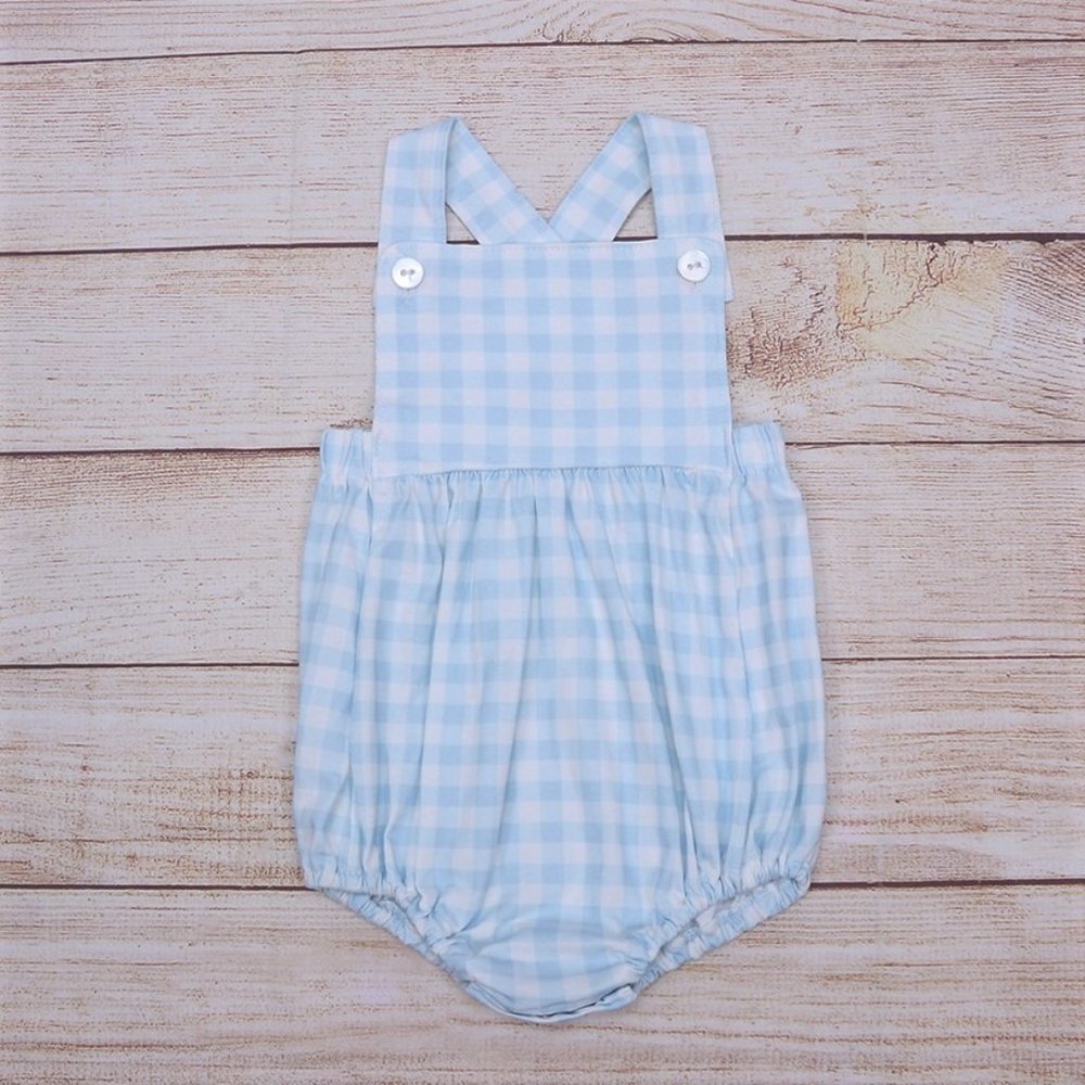 Boutique Baby Boys Blue Plaid Sleeveless Bubble Romper Jumpsuit